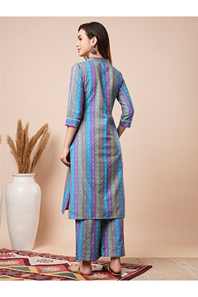 Globus By Styli Striped Shirt Collar Straight Kurta with Elasticated Pants Co-Ords