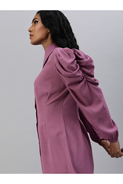 Kassually By Styli Women Purple Solid Pleated Power Shoulder Shirt Mini Dress