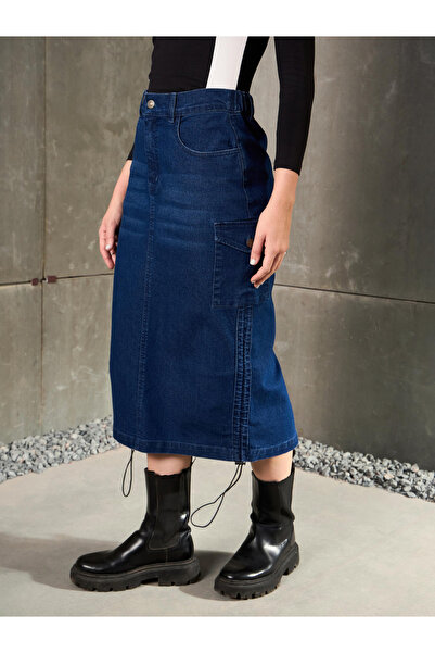 Sassafras By Styli Women Blue Side Ruching Detail Denim Pencil Skirt