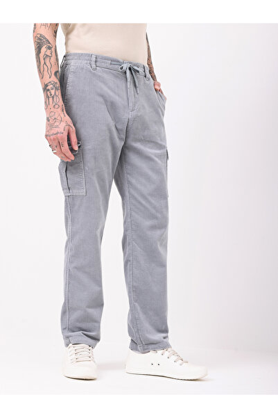 British Club By Styli Men Grey Straight Fit Corduroy Cargo Trousers