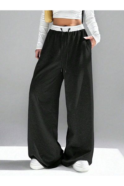 Styli Women Black Contrast Waistband Oversized Joggers