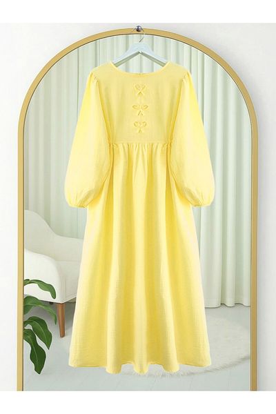 Modamorfo Muslin Dress with Bow Detail on the Front and Elastic Sleeves - Yellow