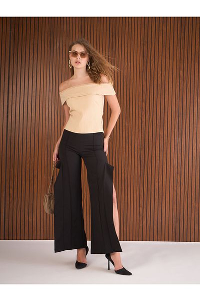 Sassafras By Styli Women Black Frill Split-Hem Trousers