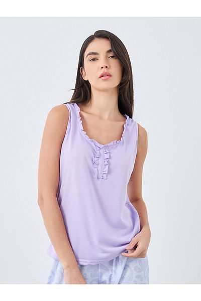 Styli Ruffle Neck Placket Detail Tank and Paisley Print Pyjama Set
