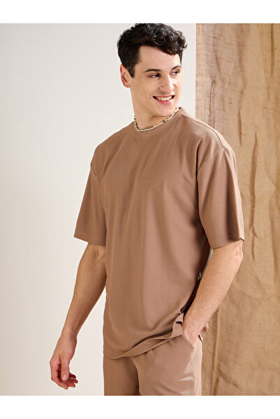 Mascln Sassafras By Styli Men Brown Waffle Textured Short Sleeve Oversized T-Shirt