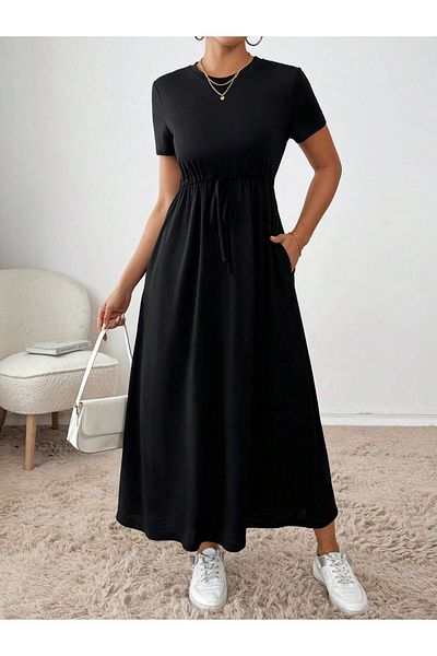 Styli Solid Round Neck Short Sleeve A-Line Midi Dress