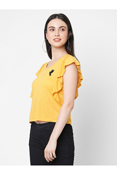 Mish By Styli Women Yellow Embellished Bird Detail Ruffled Sleeves T-Shirt
