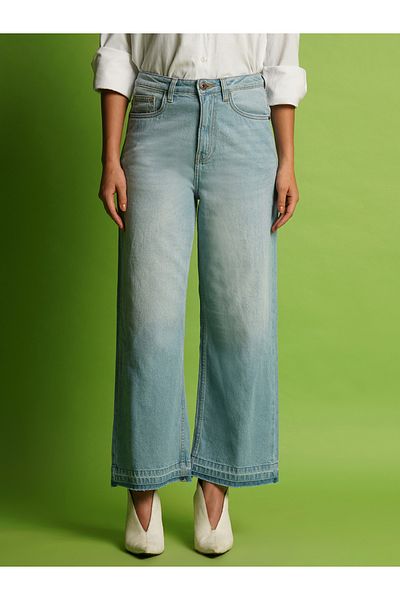 Globus By Styli Wide Leg Mid-Rise Faded Pure Cotton Jeans