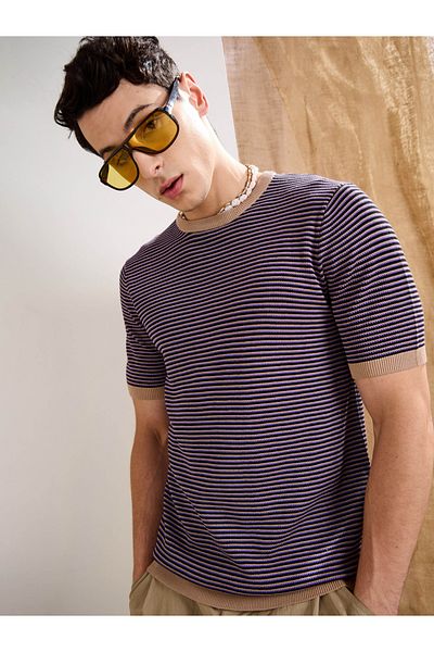 Mascln Sassafras By Styli Purple and Black Striped Premium Knit T-Shirt