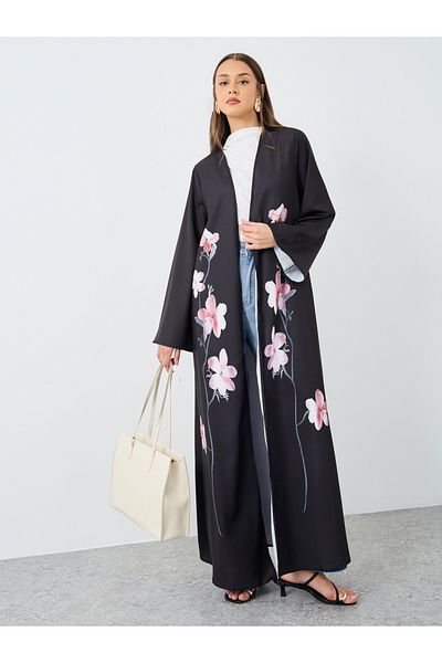 Styli Floral Placement Print Front Open Abaya