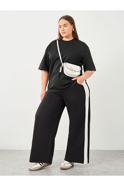 Styli Plus Wide Leg Joggers with Side Seam Contrast Panel