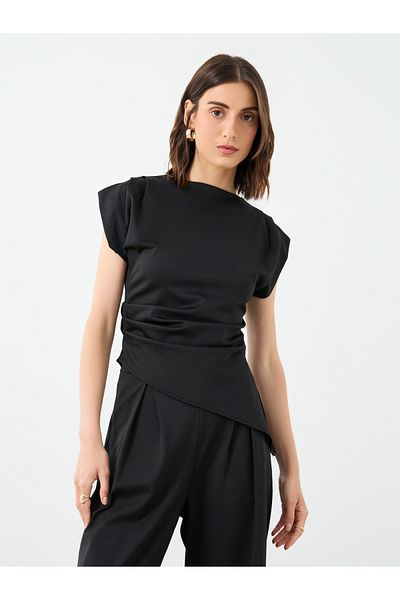 Styli Black Asymmetric Hem Top and Wide Leg Pants Co-Ords