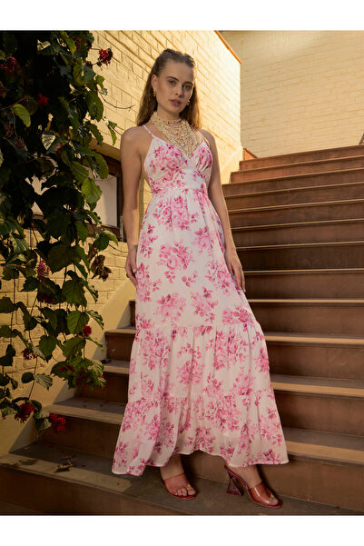 Sassafras By Styli Pink All-Over Floral Print Back Cut Out Detail A-Line Maxi Dress