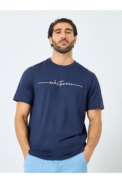 Styli Navy Blue Slogan Print Round Neck Short Sleeve T-Shirt