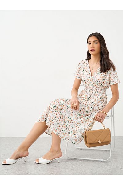Styli Floral Print V-Neck Short Sleeve Midi Dress