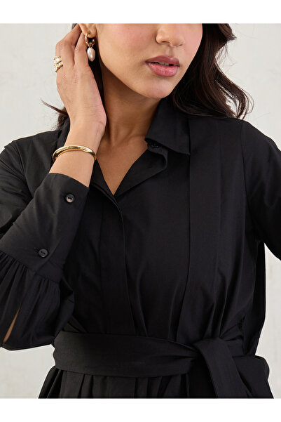 Styli Black Solid Poplin Pleated Shirt Mini Dress with Belted Detail