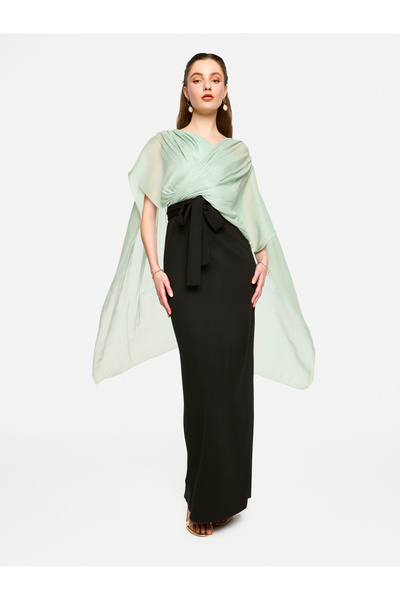 House of Moda By Styli Cape Overlay Sleeve Two-Tone Maxi Dress