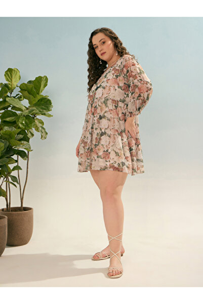 Sassafras By Styli Plus Tiered Mini Dress with Floral Print