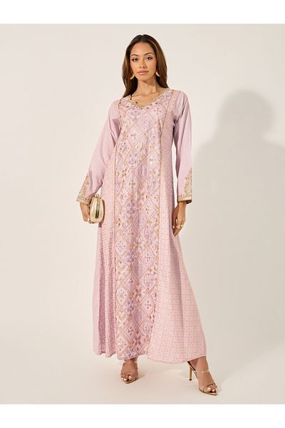Styli Embroidered Panel Lace Detail A-Line Jalabyia