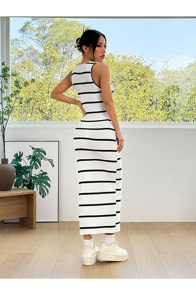 Styli Striped Round Neck Sleeveless Bodycon Midi Dress
