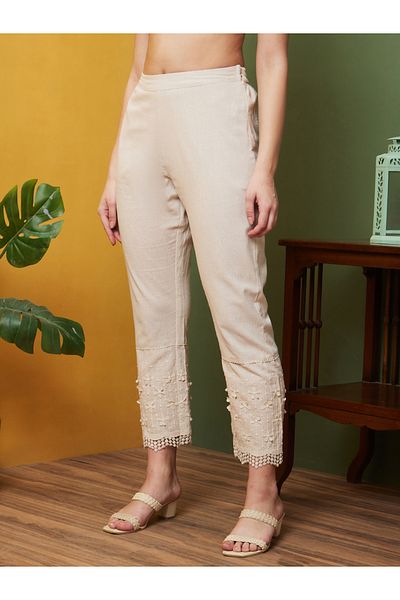 Globus By Styli Elasticated Waist Floral Applique Lace Hem Trousers