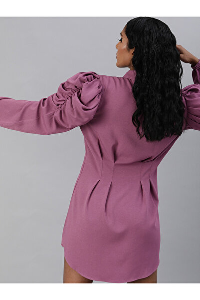 Kassually By Styli Women Purple Solid Pleated Power Shoulder Shirt Mini Dress