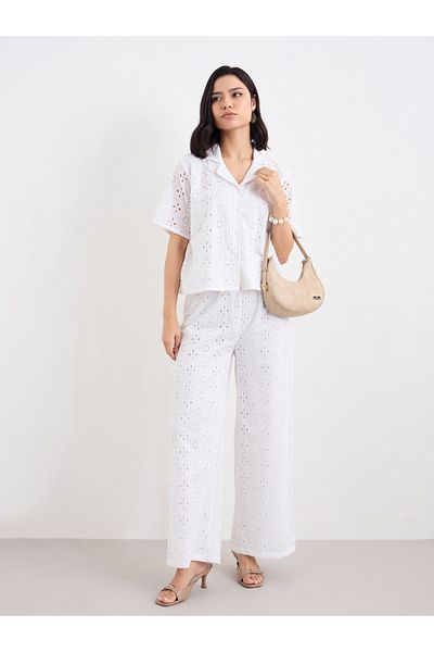 Styli Women White Schiffli Shirt and Pants Co-Ords
