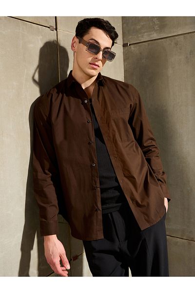Mascln Sassafras By Styli Men Brown Solid Long Sleeve Relaxed Fit Shirt with Pocket