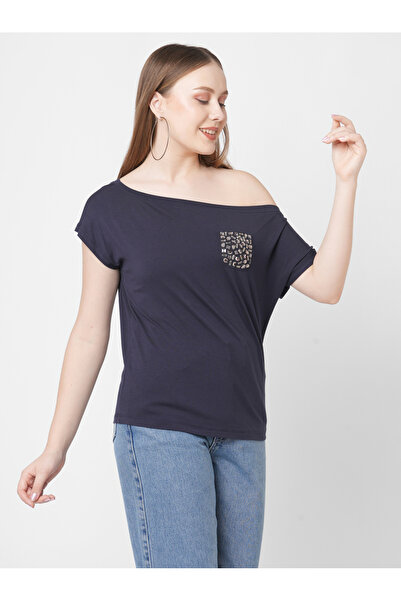 Mish By Styli Women Navy Blue Embellished Detail One Side Off-Shoulder T-Shirt