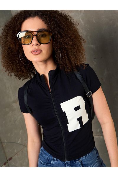 Sassafras By Styli Black Front Zipper Initial Print Fitted T-Shirt