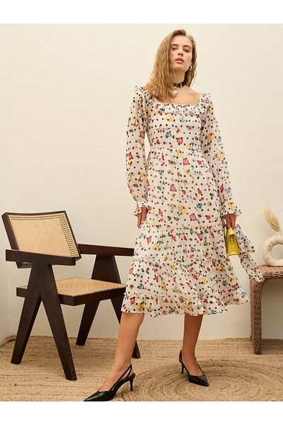 Sassafras By Styli Polka Floral Print Square Neck Midi Dress