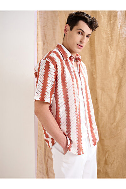 Mascln Sassafras By Styli Men Striped Crochet Relaxed Fit Shirt