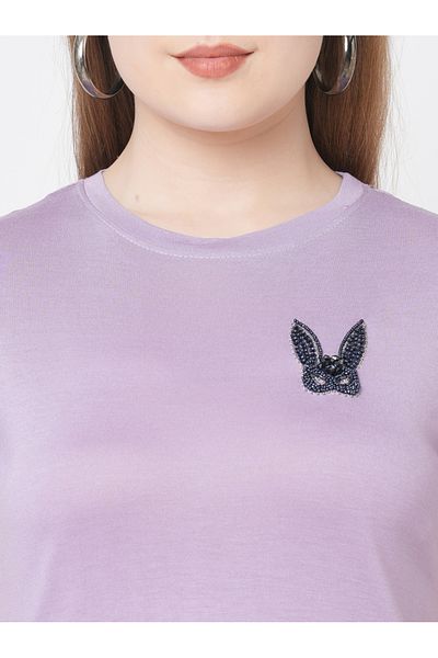Mish By Styli Women Purple Embellished Bunny Detail Short Sleeve T-Shirt