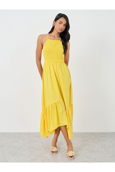 Styli Solid Smocking Detail Ruffle Hem A-Line Midi Dress