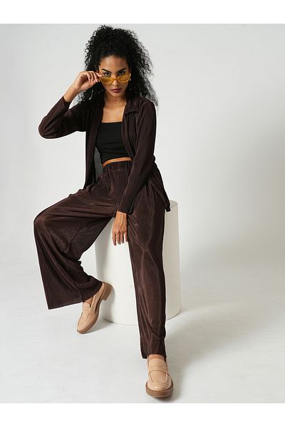 Globus By Styli Textured Striped Long Sleeve Shirt and Wide Leg Trousers Co-Ords