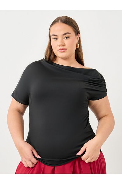 Styli Plus Top with Asymmetric Neck and Short Sleeve