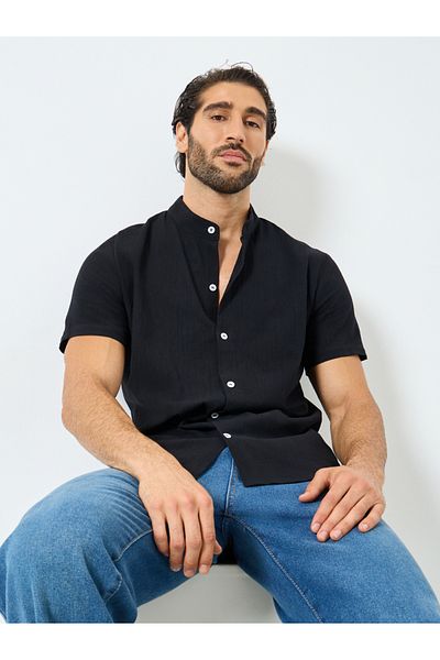 Styli Solid Mandarin Collar Button Front Shirt