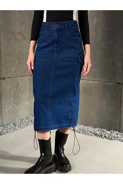 Sassafras By Styli Women Blue Side Ruching Detail Denim Pencil Skirt