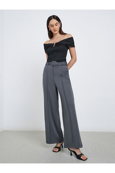 Styli Women Charcoal Wide Leg Trousers with Pintuck Detail