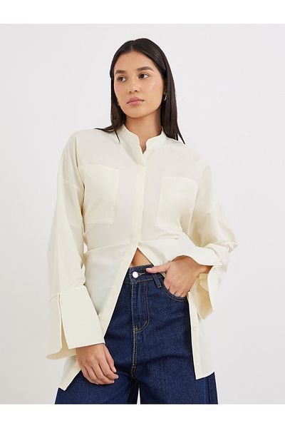 Styli Cream Relaxed Fit Longline Shirt with Pockets