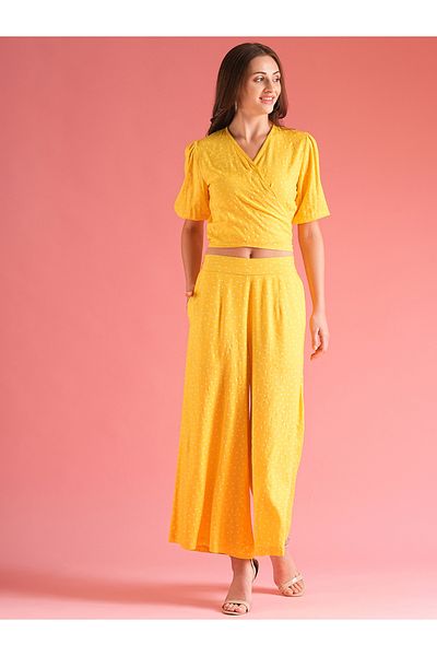 Globus By Styli Women Yellow Polka Dot Print Wrap Tie Back Top and Palazzos Co-Ords