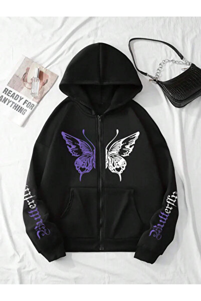 Framgan Unisex Γυναικεία/Ανδρική ζακέτα με κουκούλα Y2k με στάμπα πεταλούδας ...