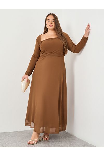 Styli Plus Mesh Maxi Dress with Square Neck