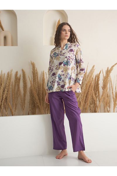 Sanskrutihomes By Styli Women Floral Print Pure Cotton Top and Solid Pyjama Set
