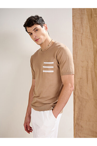 Mascln Sassafras By Styli Beige Premium Knit Contrast Pocket T-Shirt