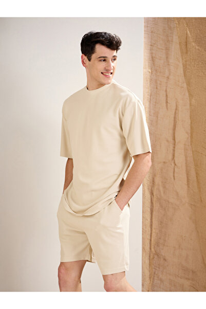 Mascln Sassafras By Styli Men Beige Waffle Textured Oversized T-Shirt and Shorts Co-Ords