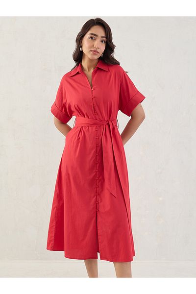 Styli Red Solid Poplin Shirt Midi Dress with Belt Detail