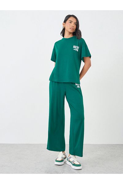 Styli Slogan Print T-Shirt and Wide Leg Pants Co-Ords