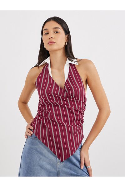 Styli Burgundy Striped Halter Top with Collar
