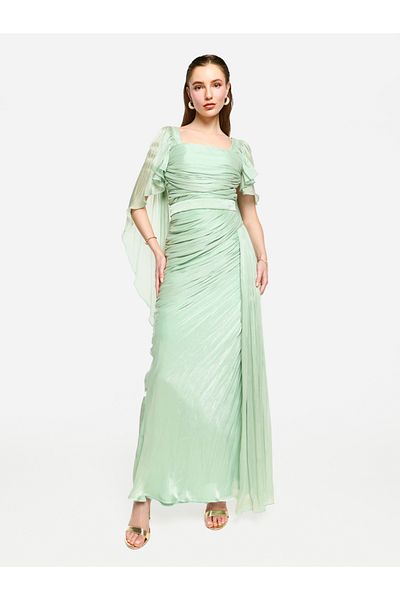 House of Moda By Styli Pleated Cape Sleeves Ruffled Detail Maxi Dress